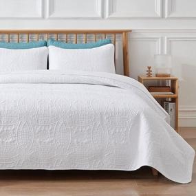 img 4 attached to California King Quilt Bedspread Set - VEEYOO Ultrasonic Embossing Lightweight, Soft Microfiber Reversible Coverlet For All Seasons (White)