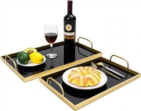 img 4 attached to Large Decorative Black Glass Trays With Gold Metal Finish & Handles For Coffee Table, Bar, Living Room & Bedroom Eating