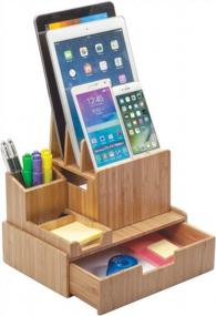 img 4 attached to Bamboo Office Organizer Set With Charging Station, Pen & Pencil Holder Tray, Drawer For Supplies & Stationery