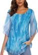 ruffle mesh blouses for women: flowy tops with layered 3/4 sleeves and stretchy fabric logo