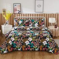 fadfay black floral comforter set king lightweight colorful flower leaves printed summer bedding- cotton soft breathable all season quilted comforter set and 2 pillowcases- 3 piece, king logo