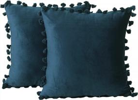 img 3 attached to Роскошные синие бархатные наволочки с бахромой для декора фермерского дома - набор из двух 18x18 дюймов от AccentHome