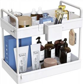 img 4 attached to Maximize Your Storage Space With SOLEJAZZ Under Sink Organizer - 2 Tier Multi-Purpose Cabinet Storage With Dividers, Hooks, And Cup For Bathroom And Kitchen - White