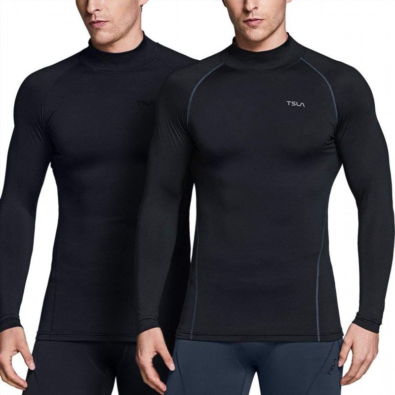 TSLA 1 or 3 Pack Men's UPF 50+ Mock Long Sleeve Compression Shirts,  Athletic Workout Shirt, Water Sports Rash Guard
