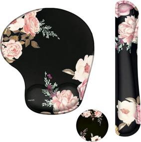 img 4 attached to MOSISO Ergonomic Wrist Rest Support Mouse Pad & Keyboard Set - Peony Design, Non-Slip Base Pain Relief Cushion With Neoprene Cloth & Raised Memory Foam For Home/Office Easy Typing, Black