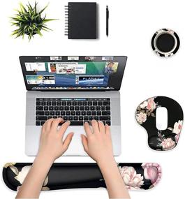 img 3 attached to MOSISO Ergonomic Wrist Rest Support Mouse Pad & Keyboard Set - Peony Design, Non-Slip Base Pain Relief Cushion With Neoprene Cloth & Raised Memory Foam For Home/Office Easy Typing, Black