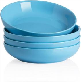 img 4 attached to Set Of 4 Ceramic Pasta Bowls And Dinner Plates For Soups, Salads, Desserts, Pizzas, Fruits, And Steaks - Microwave And Dishwasher Safe (25Oz, Steel Blue) By SWEEJAR