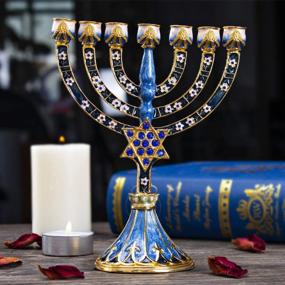 img 2 attached to Crystal Rhinestone Bejeweled 7-Branch Menorah Candle Holder With Hand-Painted Star Of David Enamel Candlesticks