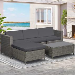 img 4 attached to Green4Ever 5 Piece Patio Furniture Sets, All-Weather Outdoor Couch Patio Furniture Sectional Gray PE Wicker Rattan Outside Sofa Set With Glass Table And Dark Gray Removable Cushions