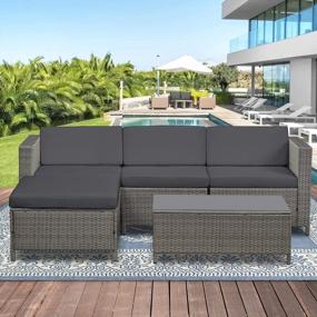 img 3 attached to Green4Ever 5 Piece Patio Furniture Sets, All-Weather Outdoor Couch Patio Furniture Sectional Gray PE Wicker Rattan Outside Sofa Set With Glass Table And Dark Gray Removable Cushions
