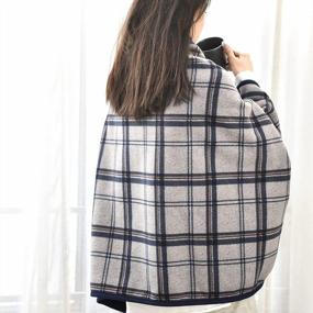 img 2 attached to Forestfish Fleece Wearable Blanket, Plaid Lap Blanket Comfy Poncho Throw With Buttons For Bed Sofa Office, Navy-Gray