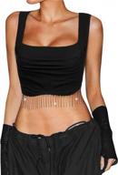 women rhinestone fringe crop top sparkly tassel square neck ribbed cute cropped tank tops logo