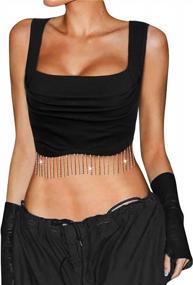 img 4 attached to Women Rhinestone Fringe Crop Top Sparkly Tassel Square Neck Ribbed Cute Cropped Tank Tops
