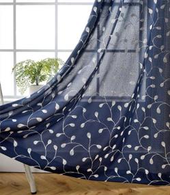 img 4 attached to Navy Blue Semi Sheer Floral Embroidery Faux Linen Curtains - 52 X 63 Inch 2 Panels