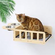 🐱 yiotl wall mounted wood cat shelf bed with two bowls: a stylish and functional indoor cat perch with feeder shelf and play platform logo