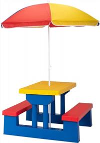 img 2 attached to Красочный детский стол для пикника со складной конструкцией, зонтиком и игровой скамейкой - идеально подходит для игр и развлечений на открытом воздухе (красный, зеленый, синий)