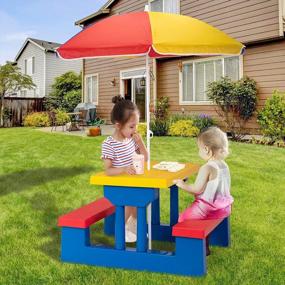 img 4 attached to Красочный детский стол для пикника со складной конструкцией, зонтиком и игровой скамейкой - идеально подходит для игр и развлечений на открытом воздухе (красный, зеленый, синий)