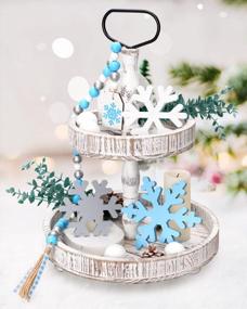 img 4 attached to Winter Wonderland Farmhouse Tiered Tray Decor: White Snowflake Signs For Christmas Holiday Kitchen Table, Mantel, And Shelf Sitter Decoration - Perfect Housewarming Gift Idea