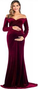 img 4 attached to Maternity Off Shoulder Long Sleeve Fitted Gown Half Circle Maxi Photography Dress For Photo Props OQC Velvet