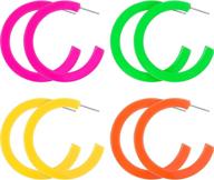 80s cosplay party accessory set: 4 pairs of neon hoop and retro dangle earrings for women logo