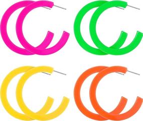 img 4 attached to 80S Cosplay Party Accessory Set: 4 Pairs Of Neon Hoop And Retro Dangle Earrings For Women