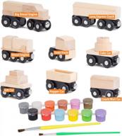 8 unpainted train cars with 12 colors paint and paint brushes set for wooden railway compatible with thomas, chuggington, brio, great for birthday party train theme logo