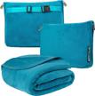 pavilia travel blanket and pillow, dual zippers, clip on strap, warm soft fleece 2-in-1 combo blanket airplane, camping, car, large compact blanket set, luggage backpack strap, 60 x 43 (teal blue) logo