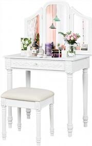 img 4 attached to Transform Your Bedroom With The CHARMAID Vanity Set: Tri-Folding Mirror And Large Drawer With Removable Top, Perfect For Makeup And Dressing