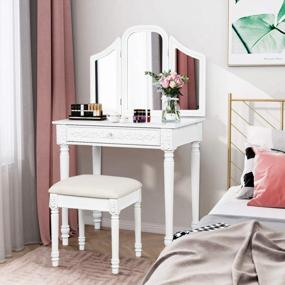 img 3 attached to Transform Your Bedroom With The CHARMAID Vanity Set: Tri-Folding Mirror And Large Drawer With Removable Top, Perfect For Makeup And Dressing