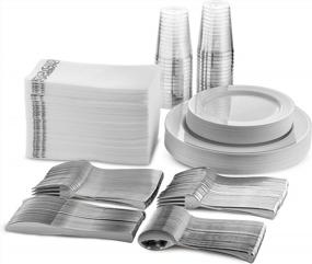img 1 attached to 25 Guest Disposable Silver Dinnerware Set Heavy Duty Plastic Plates, Cups, Silverware & Napkins. 50 Forks, 25 Spoons, 25 Knives, 25 Dinner Plates, 25 Dessert Plates & 25 Cups Bonus 50 Guest Towels