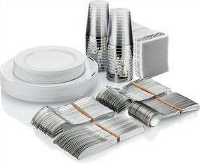 img 4 attached to 25 Guest Disposable Silver Dinnerware Set Heavy Duty Plastic Plates, Cups, Silverware & Napkins. 50 Forks, 25 Spoons, 25 Knives, 25 Dinner Plates, 25 Dessert Plates & 25 Cups Bonus 50 Guest Towels