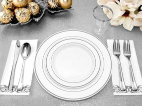 img 3 attached to 25 Guest Disposable Silver Dinnerware Set Heavy Duty Plastic Plates, Cups, Silverware & Napkins. 50 Forks, 25 Spoons, 25 Knives, 25 Dinner Plates, 25 Dessert Plates & 25 Cups Bonus 50 Guest Towels