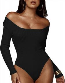 img 3 attached to 💃 Square Neck Long Sleeve Women's Knit Jumpsuit Bodysuits: Bodycon, Stretch Leotard Tops