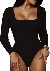 img 4 attached to 💃 Square Neck Long Sleeve Women's Knit Jumpsuit Bodysuits: Bodycon, Stretch Leotard Tops