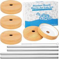 4 pc mason jar lids with straw hole, bamboo + stainless steel - wide mouth screw top logo
