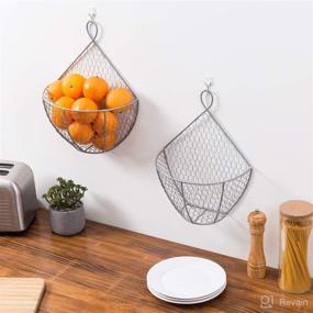 img 2 attached to Wall-Mounted Produce Basket and Fruit Baskets – Hanging Kitchen Organizer Set of 2, Silver Metal Chicken Wire Design