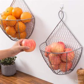 img 3 attached to Wall-Mounted Produce Basket and Fruit Baskets – Hanging Kitchen Organizer Set of 2, Silver Metal Chicken Wire Design