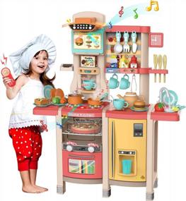 img 3 attached to Kids Play Kitchen,Kitchen Playset With 65Pcs Kitchen Toys For Toddlers,Play House Accessories With Spray Stove, Simulated Steam, Sink, Oven,Dishwasher, Real Sounds And Light For Girls And Boys