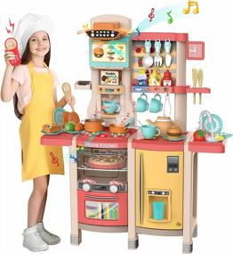 img 4 attached to Kids Play Kitchen,Kitchen Playset With 65Pcs Kitchen Toys For Toddlers,Play House Accessories With Spray Stove, Simulated Steam, Sink, Oven,Dishwasher, Real Sounds And Light For Girls And Boys