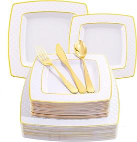 img 4 attached to Supernal 125 Pcs Gold Plastic Plates, Gold Square Plates With Diamond Design,Gold Plastic Silverware, Includes: 25 Dinner Plates, 25 Salad Plates, 25 Knives, 25 Forks, 25 Spoons,Suit For Mothers Day