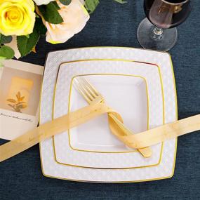 img 2 attached to Supernal 125 Pcs Gold Plastic Plates, Gold Square Plates With Diamond Design,Gold Plastic Silverware, Includes: 25 Dinner Plates, 25 Salad Plates, 25 Knives, 25 Forks, 25 Spoons,Suit For Mothers Day
