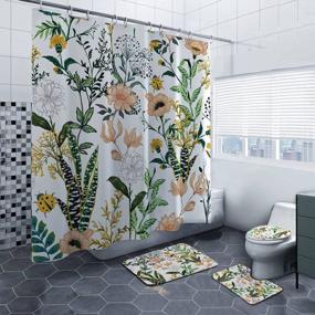 img 4 attached to MEGREZ 4PCS Водонепроницаемая занавеска для ванной комнаты с 12 крючками, нескользящим ковриком, ковриком для унитаза и аксессуарами - Bloom Flowers Design