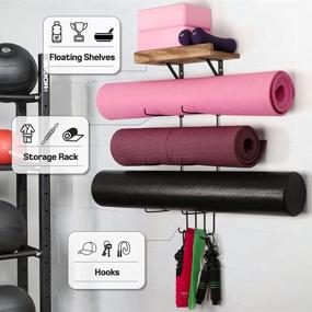img 3 attached to Wall-Mounted Yoga Mat Holder With Wood Shelves And Hooks For Storage Of Exercise Mats, Foam Rollers, And Resistance Bands At Home Gym And Fitness Classes