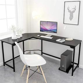 img 2 attached to 66-дюймовый черный L-образный стол - идеальный угловой игровой компьютерный стол для домашнего офиса, рабочей станции ПК, учебы, письменного рабочего стола с деревянной и металлической конструкцией