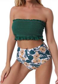 img 2 attached to Stylish And Flattering: Papasgix Women'S Smocked Off Shoulder Bandeau Bikini With High Waisted Bottoms