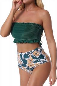 img 3 attached to Stylish And Flattering: Papasgix Women'S Smocked Off Shoulder Bandeau Bikini With High Waisted Bottoms
