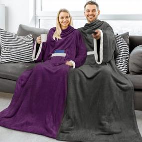 img 1 attached to Deluxe Fleece Blanket With Sleeves - Wearable, Warm & Cozy For Women Men Adults - Charcoal Gray