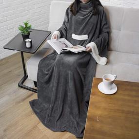 img 4 attached to Deluxe Fleece Blanket With Sleeves - Wearable, Warm & Cozy For Women Men Adults - Charcoal Gray