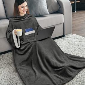 img 3 attached to Deluxe Fleece Blanket With Sleeves - Wearable, Warm & Cozy For Women Men Adults - Charcoal Gray