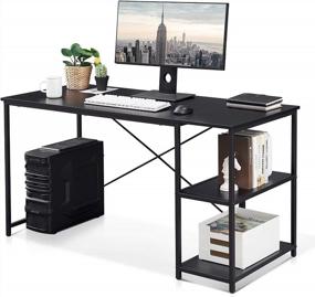 img 4 attached to Multifunctional Computer Desk With Shelf Storage, Modern Office Desk For Small Spaces, Home Workstation With Gold Legs, Black PC Laptop Table (55")